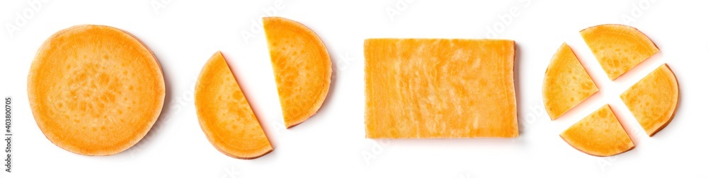 Wall mural Sweet potato slices isolated on white, from above