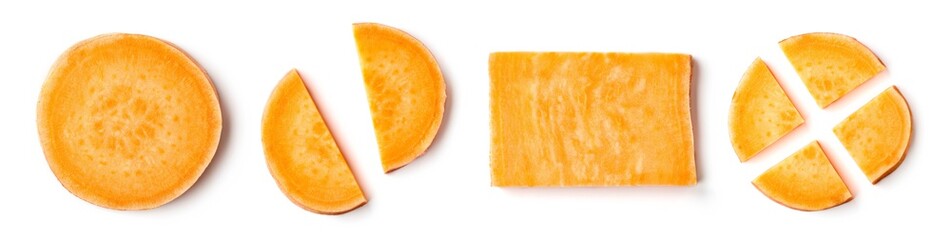 Sweet potato slices isolated on white, from above