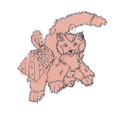 Funny doodle Cat with gift isolated on white background. Hand drawn illustration. Abstract animal sketch from spot.