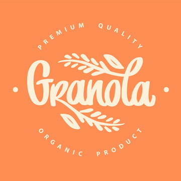 Granola logo vector. Food logotype for package, label. Emblem eco breakfast food. Lettering composition, spikelets, grains. Handwritten calligraphy.