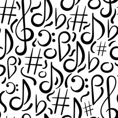 Hand drawn Seamless pattern. Music concert festival doodle vector background. Musical note, treble clef