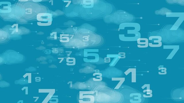 2d animation spray of numbers and clouds on blue background