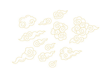 Vector doodle set with line art illustration of Сhinese ornamental clouds. Doodles, lineart symbols, design elements. Сhinese traditional ornament. Isolated. Gold colored, flat design style.