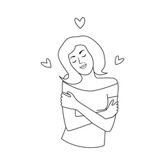 Woman hugging herself. Love yourself. Vector illustration.