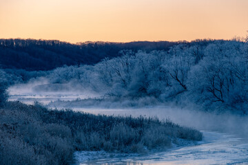 北海道冬の風景　阿寒郡鶴居村の樹氷と気嵐