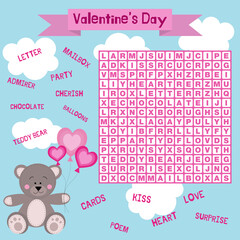 Valentine's Day word search puzzle with teddy bear. Suitable for social media post. Educational game for learning English.