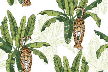 ..Banana leaves and wild leopard on a white background. Hand-drawn seamless vector pattern. Illustration of wildlife. © INESA