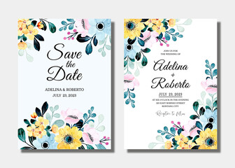 Set wedding invitation card with yellow blue floral watercolor