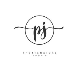 PJ Initial letter handwriting and signature logo. A concept handwriting initial logo with template element.