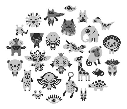 Set of cute cartoon animals and characters in 2-3 simple colors, nice for logos or laser cut souvenirs