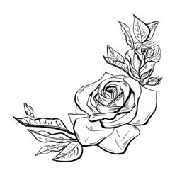 Hand drawn vector Rose branch. Decoration for design, invitation cards, tattoo. Black and white sketch.