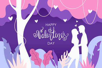 Happy Valentine's Day. A couple in love in a blooming garden. Vector illustration. Tree, tropical landscape, plant. Beautiful purple frame.