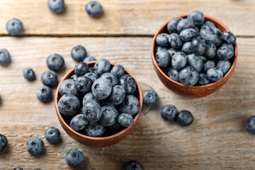 Freshly picked blueberries in clay bowl on wooden background. Concept of healthy and dieting eating. Tasty food.