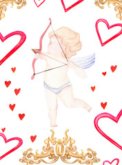 Watercolor illustration of little angels cupids card