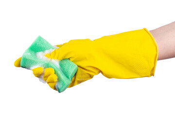 Cleaning concept - hand in a yellow rubber glove holds a green sponge