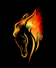 wild mustang horse and burning flames - stallion head with fiery mane vector design