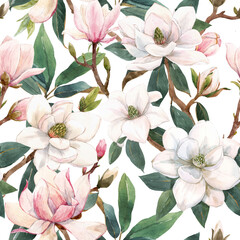 Beautiful seamless pattern with hand drawn watercolor gentle white and pink magnolia flowers. Stock illustration. - obrazy, fototapety, plakaty