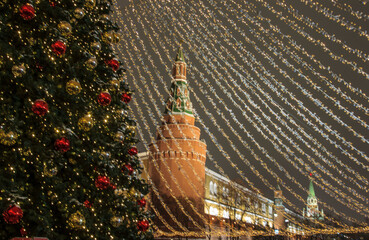 Christmas tree on Manezhnaya Square. Arsenal Tower of the Moscow Kremlin. Moscow. Russia