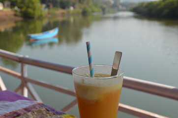 Indian cafe on the banks of the Baga River. The traditional Indian flavor of a cafe where tourists have breakfast. India, North Goa, February 11, 2020