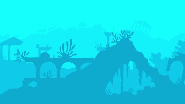 underwater landscape with a flooded city loop cartoon parallax animation 