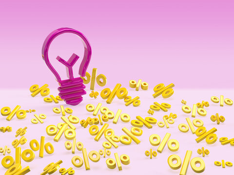 Purple Light Bulb On Percentage Yellow Sale Background.