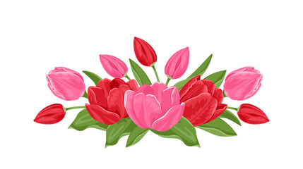 Tulips bouquet isolated on white background. Fresh spring red and pink flowers and green leaves. Vector illustration in cartoon flat style. Element for design greeting card.