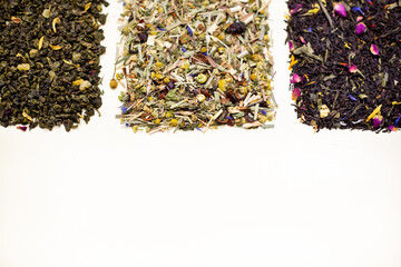 Various types of tea. White background.
