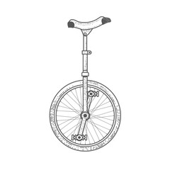 Vintage circus unicycle, one wheel bicycle, monowheel bike in graphic style, vector © Anna