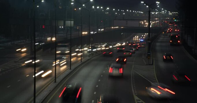 Time lapse video of the night city. Large highway with cars. Video with a long exposure.  4K, 4096 X 2160, 30 fps