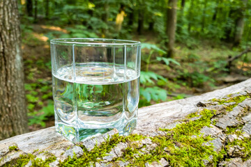 A glass of clear water against a natural green background in the forest. Concept of a healthy lifestyle