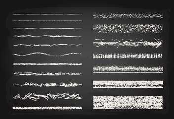 Set of chalk strokes. Hand drawn grunge lines on chalkboard background. Seamless lines can be used as art and pattern brushes. Grainy texture. - obrazy, fototapety, plakaty