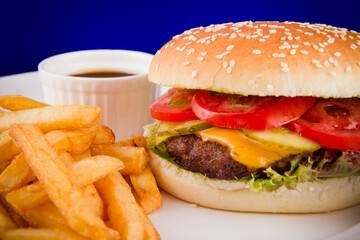 Fresh tasty burger with a Patty made of beef with tomato, cheese, cucumber with a side dish of French fries and sauce.