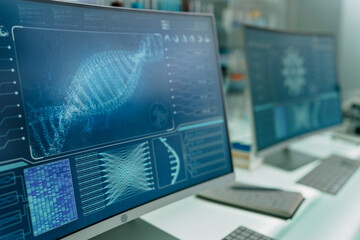 Fototapeta premium Futuristic laboratory. DNA sequences on screens