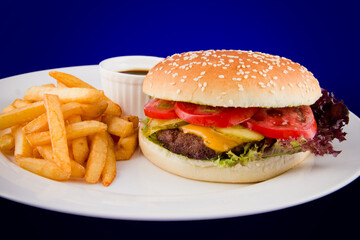 Fresh tasty burger with a Patty made of beef with tomato, cheese, cucumber with a side dish of French fries and sauce.