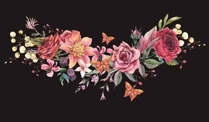 Vintage flowers greeting card.  Watercolor floral wreath illustration