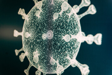 Modern laboratory interior. Coronavirus research. Pathogen model on the screens