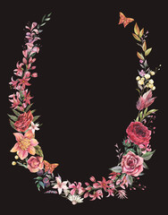 Vintage flowers greeting card.  Watercolor floral wreath illustration, botanical flora