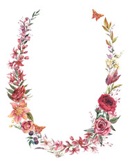 Vintage flowers greeting card.  Watercolor floral wreath illustration, botanical flora