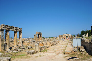 Fototapeta premium Majestic columns and ancient ruins of the ancient Greece city, Hierapolis, in Denizli, Turkeyrapolis in Denizli, Turkey
