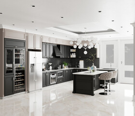 3d render of luxury home kitchen room, dining room