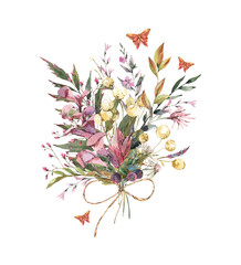 Watercolor vintage floral summer wildflowers arrgement. Natural botanical illustration