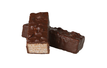 Two chocolate covered wafers isolated on white background. Sweet snack close-up