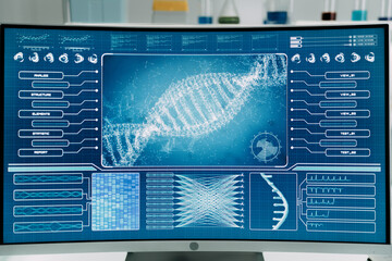 Futuristic laboratory. DNA sequences on screens