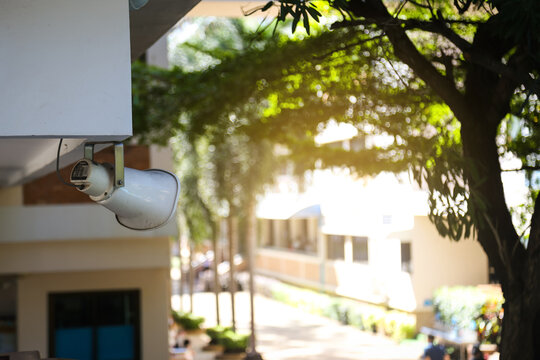 White Outdoor Speaker At The Pole. 