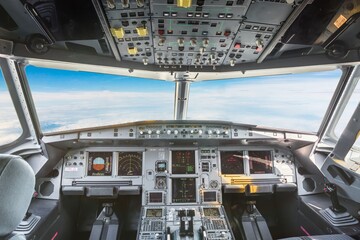 Airplane cockpit inside of civil aircraft - obrazy, fototapety, plakaty