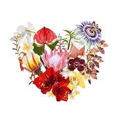 Decorative heart witht tropical flowers. Exotic colorful plants, leaves and buds. Valentines day card.