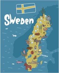 Hand drawn illustration of Sweden map with tourist attractions. Travel concept..Sweden Stockholm Scandinavia object landmark vector doodle map illustrations set.