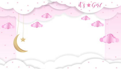 Baby shower card on blue background,Paper art abstract origami cloudscape, crescent moon and stars on pink sky,Cute paper cut with copy space for baby's girl photos