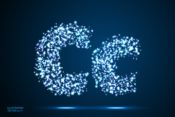 English letters abstract font consists 3d of triangles, lines, dots and connections. On a dark blue background cosmic universe stars, meteorites, galaxies. Vector illustration EPS 10.