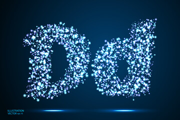 English letters abstract font consists 3d of triangles, lines, dots and connections. On a dark blue background cosmic universe stars, meteorites, galaxies. Vector illustration EPS 10.